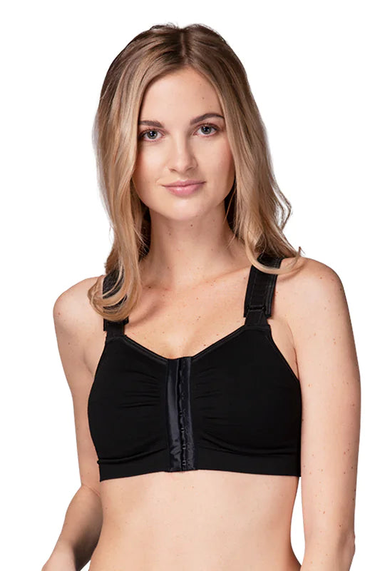 black bra with two prosthesis pockets with front closure