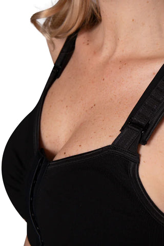 black bra with two prosthesis pockets with front closure